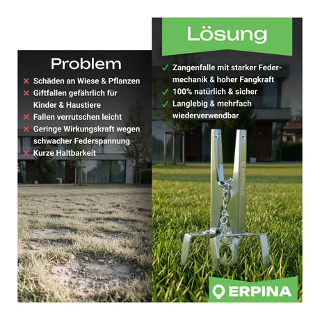 5er Pack ERPINA® Wühlmaus-Zangenfalle »Pro« mit Köderplatte · sichere Wühlmausbekämpfung