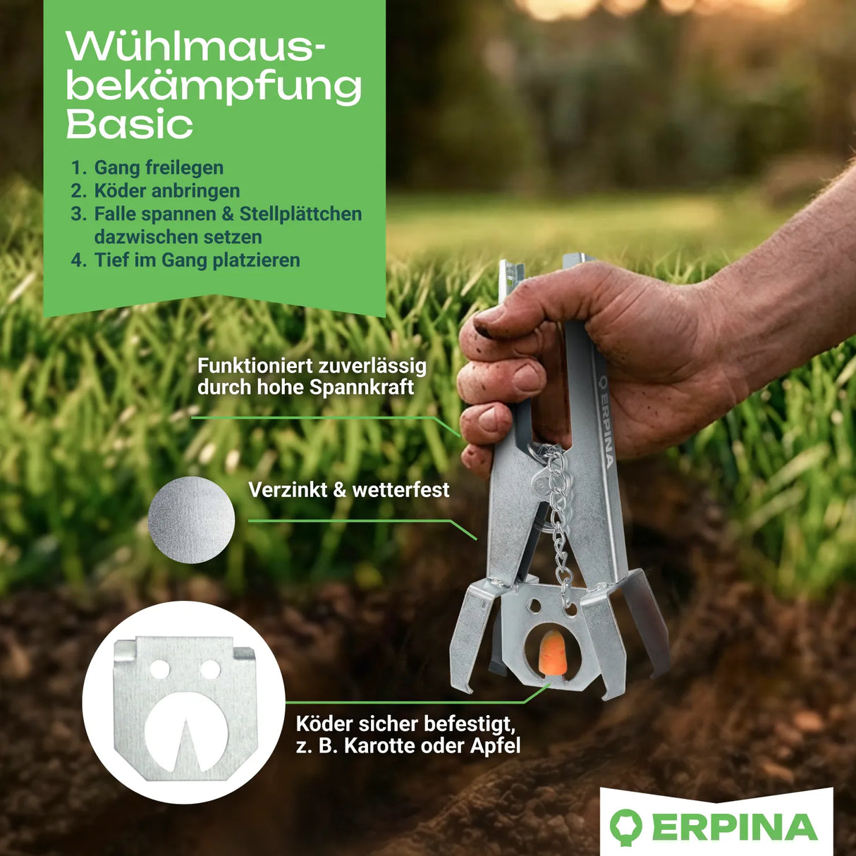 ERPINA® Wühlmaus-Zangenfalle »Pro« mit Köderplatte · sichere Wühlmausbekämpfung